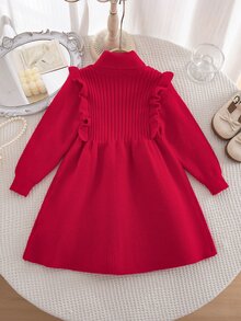 SHEIN Kids Young Girl Knitted Stand Collar Turn-Down Collar Ruffle Trim Sweater Autumn Winter Dress - Multicolor - View 7