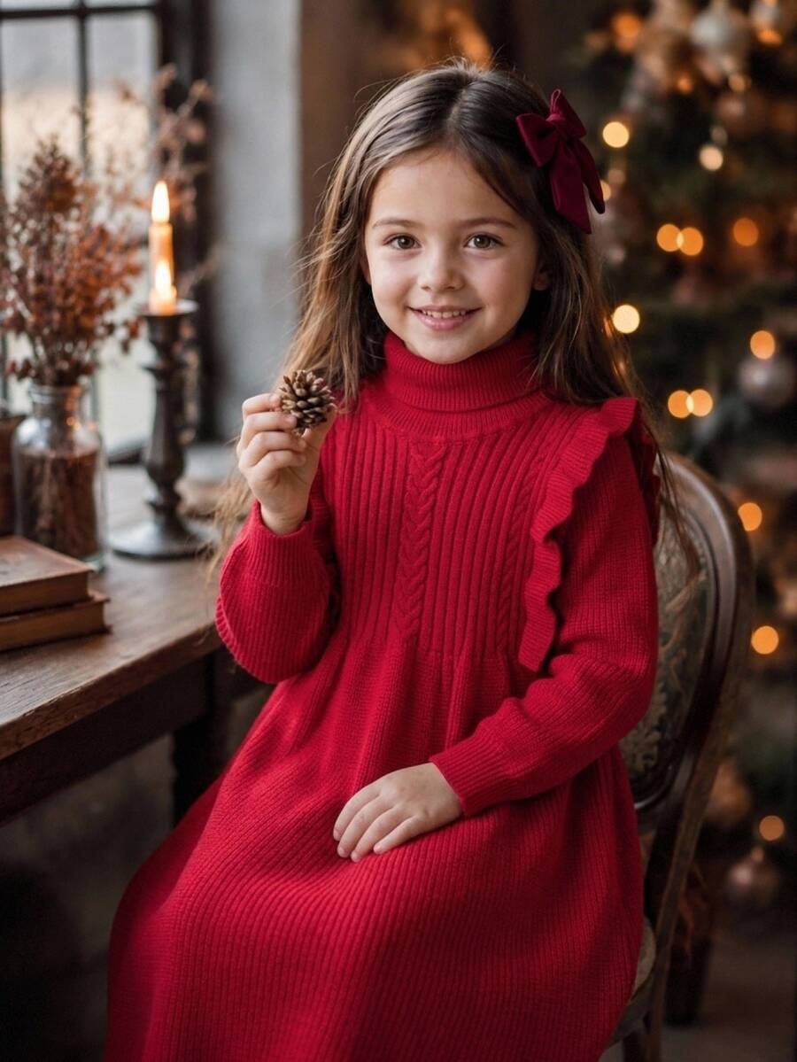 SHEIN Kids Young Girl Knitted Stand Collar Turn-Down Collar Ruffle Trim Sweater Autumn Winter Dress - Multicolor - View 1