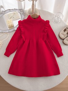 SHEIN Kids Young Girl Knitted Stand Collar Turn-Down Collar Ruffle Trim Sweater Autumn Winter Dress - Multicolor - View 6