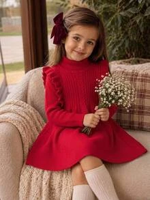 SHEIN Kids Young Girl Knitted Stand Collar Turn-Down Collar Ruffle Trim Sweater Autumn Winter Dress - Multicolor - View 3