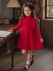 SHEIN Kids Young Girl Knitted Stand Collar Turn-Down Collar Ruffle Trim Sweater Autumn Winter Dress - Multicolor - View 2