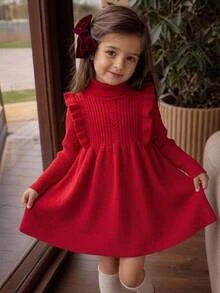 SHEIN Kids Young Girl Knitted Stand Collar Turn-Down Collar Ruffle Trim Sweater Autumn Winter Dress - Multicolor - View 5