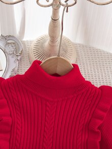 SHEIN Kids Young Girl Knitted Stand Collar Turn-Down Collar Ruffle Trim Sweater Autumn Winter Dress - Multicolor - View 8