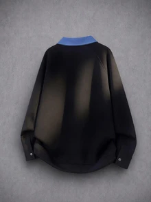 Manfinity Denimwave 男士對比色翻領鈕扣長袖套頭運動衫，適合日常穿著 - 黑色 - 查看 3