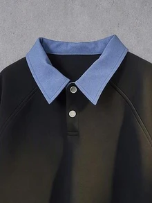 Manfinity Denimwave 男士對比色翻領鈕扣長袖套頭運動衫，適合日常穿著 - 黑色 - 查看 5