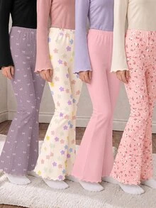 Palet Warna Kabut Lembut, Motif Bunga Bohemian Manis & Imut dan Polka Dot, Celana Panjang Rajut Model Flare Kasual Serbaguna untuk Anak Perempuan, Set 2 Potong, Cocok untuk Pakaian Sehari-hari Musim Gugur/Musim Dingin, Jalan-jalan, Nyaman & Santai, 2 Potong Acak - MultiWarna - View 3