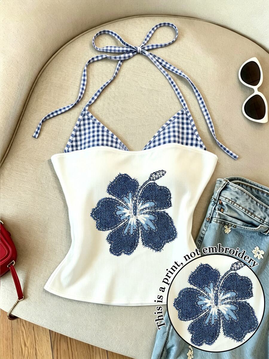 Resyla Sexy Slim-Fit Blue-And-White Plaid Halter Camisole With Shoulder Straps, Floral Printed Vacation-Style 2 In 1 Vest, An Essential Fashion Item For Summer. - Multicolor - View 1