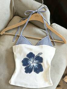 Resyla Sexy Slim-Fit Blue-And-White Plaid Halter Camisole With Shoulder Straps, Floral Printed Vacation-Style 2 In 1 Vest, An Essential Fashion Item For Summer. - Multicolor - View 4