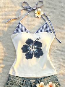 Resyla Sexy Slim-Fit Blue-And-White Plaid Halter Camisole With Shoulder Straps, Floral Printed Vacation-Style 2 In 1 Vest, An Essential Fashion Item For Summer. - Multicolor - View 3