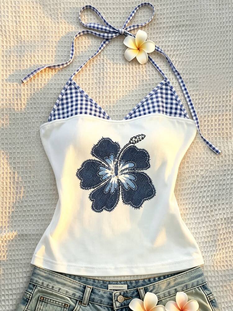 Resyla Sexy Slim-Fit Blue-And-White Plaid Halter Camisole With Shoulder Straps, Floral Printed Vacation-Style 2 In 1 Vest, An Essential Fashion Item For Summer. - Multicolor - View 3