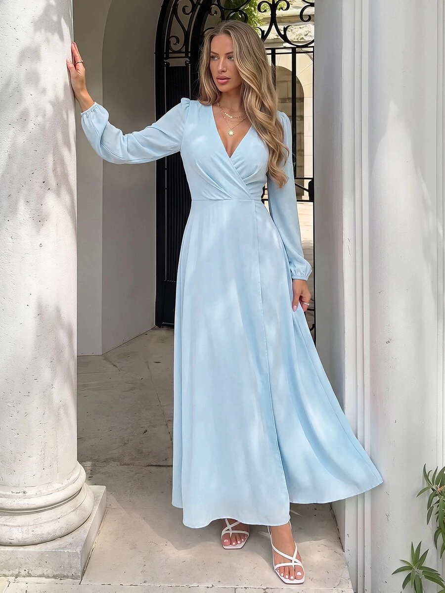 KARISMINA Women's Baby Blue V-Neck Long Sleeve High Waist Ruched Front High Slit A-Line Chiffon Dress, Fall Elegant Romantic French Style Light Formal Dress - Blue - View 1