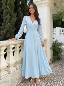 KARISMINA Women's Baby Blue V-Neck Long Sleeve High Waist Ruched Front High Slit A-Line Chiffon Dress, Fall Elegant Romantic French Style Light Formal Dress - Blue - View 9