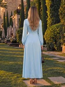 KARISMINA Women's Baby Blue V-Neck Long Sleeve High Waist Ruched Front High Slit A-Line Chiffon Dress, Fall Elegant Romantic French Style Light Formal Dress - Blue - View 17