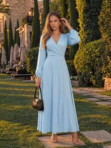KARISMINA Women's Baby Blue V-Neck Long Sleeve High Waist Ruched Front High Slit A-Line Chiffon Dress, Fall Elegant Romantic French Style Light Formal Dress - Blue - View 15