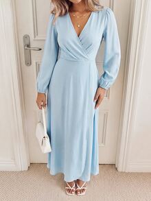 KARISMINA Women's Baby Blue V-Neck Long Sleeve High Waist Ruched Front High Slit A-Line Chiffon Dress, Fall Elegant Romantic French Style Light Formal Dress - Blue - View 8