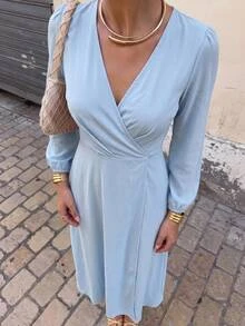 KARISMINA Women's Baby Blue V-Neck Long Sleeve High Waist Ruched Front High Slit A-Line Chiffon Dress, Fall Elegant Romantic French Style Light Formal Dress - Blue - View 11