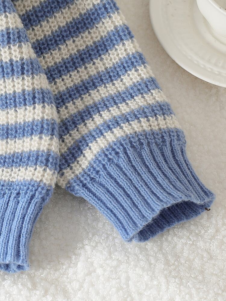 Young Boy Blue & White Striped Crew Neck Drop Shoulder Long Sleeve Loose Sweater - Blue - View 4