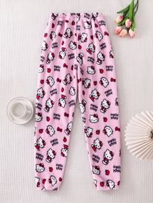 HELLO KITTY AND FRIENDS | SHEIN Tween Girl Letter Print Elastic Waist Casual Long Pants Autumn Winter - Pink - View 2