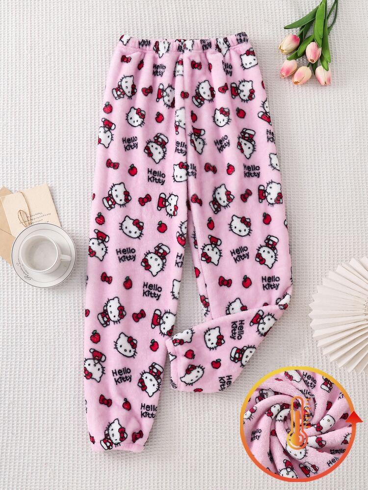 HELLO KITTY AND FRIENDS | SHEIN 青少年女孩字母印花鬆緊腰休閒長褲 秋冬款 - 粉色 - 查看 3