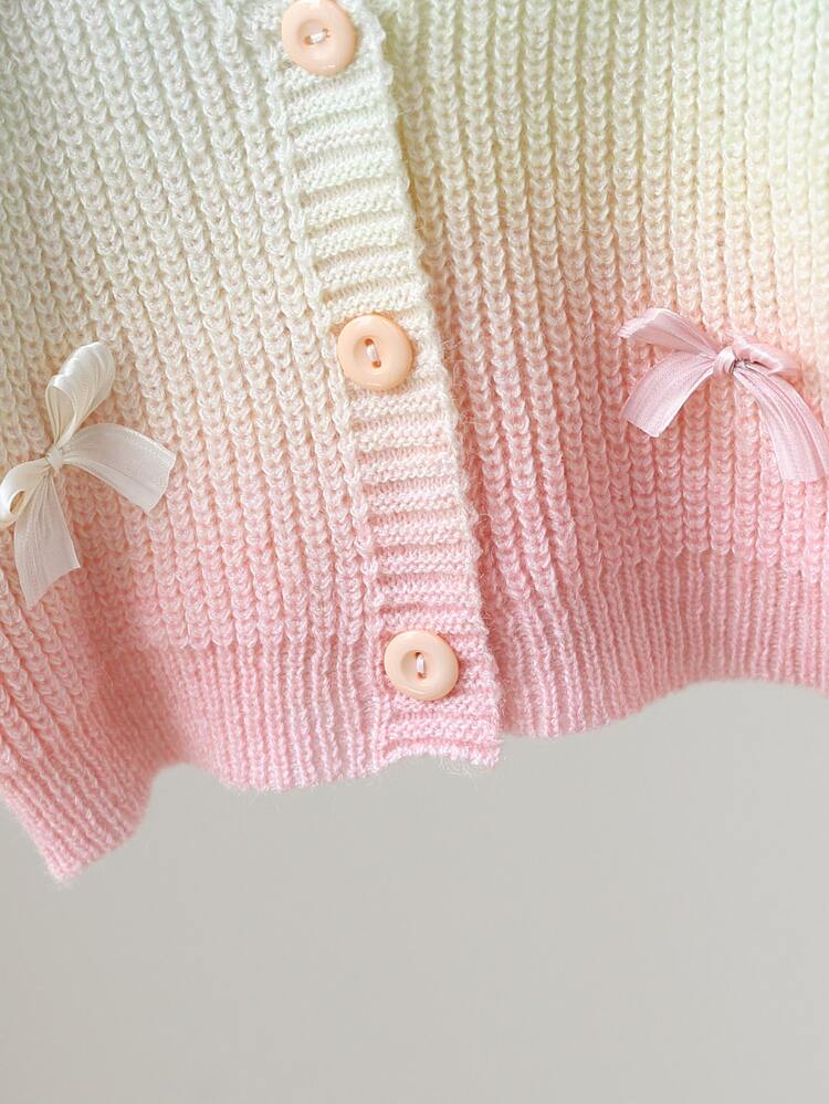 SHEIN Playful Pals Young Girl Gradient Rainbow Bow Decor Knitted Cardigan Autumn Winter - Multicolor - View 4