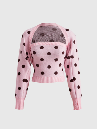 Kawaii Y2K Herbst/Winter vielseitiges weißes Mädchen-Ästhetik süßes Mädchen Polka Dot Jacquard Farbblock Bandeau Laternenärmel 2-teiliges Set Damen Pullover Strickjacke