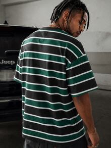 GETOML Men Casual Striped Print Drop Shoulder Tee, Vacation, Father's Day Gifts, Football - Dark Green - View 2