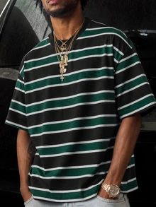 GETOML Men Casual Striped Print Drop Shoulder Tee, Vacation, Father's Day Gifts, Football - Dark Green - View 3
