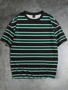 GETOML Men Casual Striped Print Drop Shoulder Tee, Vacation, Father's Day Gifts, Football - Dark Green - View 4