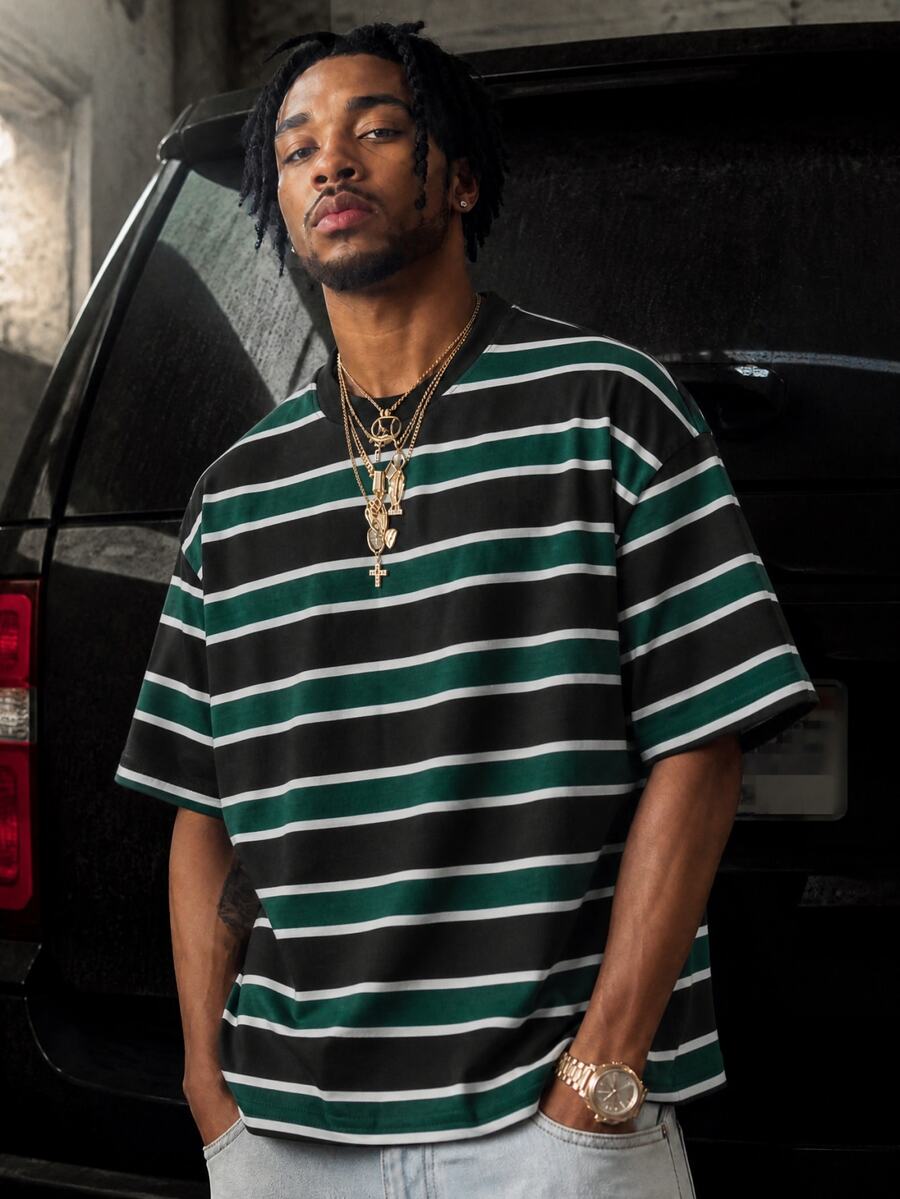GETOML Men Casual Striped Print Drop Shoulder Tee, Vacation, Father's Day Gifts, Football - Dark Green - View 1
