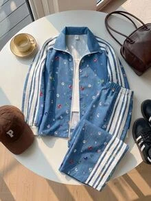 SHEIN Tween女孩休閒新款秋冬時尚丹寧風彩色鑽石印花拼接條紋織帶拉鍊立領夾克與長褲2件套 開學季秋季衣著冬季衣著開襟夾克套裝 - 藍色 - 查看 3