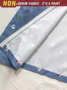 SHEIN Tween女孩休閒新款秋冬時尚丹寧風彩色鑽石印花拼接條紋織帶拉鍊立領夾克與長褲2件套 開學季秋季衣著冬季衣著開襟夾克套裝 - 藍色 - 查看 8