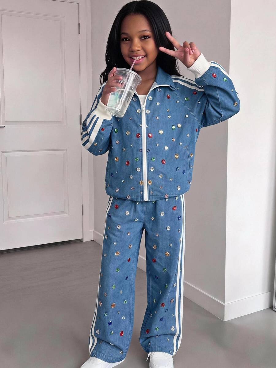 SHEIN Tween女孩休閒新款秋冬時尚丹寧風彩色鑽石印花拼接條紋織帶拉鍊立領夾克與長褲2件套 開學季秋季衣著冬季衣著開襟夾克套裝 - 藍色 - 查看 1