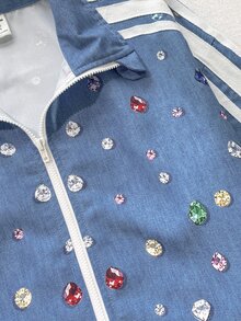 SHEIN Tween女孩休閒新款秋冬時尚丹寧風彩色鑽石印花拼接條紋織帶拉鍊立領夾克與長褲2件套 開學季秋季衣著冬季衣著開襟夾克套裝 - 藍色 - 查看 7