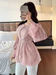 Solavon Women's Solid Color Pleated Casual Versatile Daily Wear Blouse - Pink - View 4