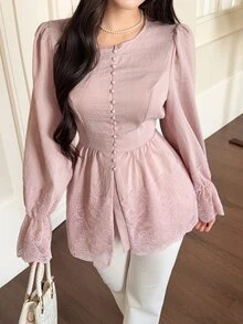 Solavon Women's Solid Color Pleated Casual Versatile Daily Wear Blouse - Pink - View 3