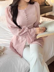 Solavon Women's Solid Color Pleated Casual Versatile Daily Wear Blouse - Pink - View 5