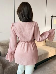 Solavon Women's Solid Color Pleated Casual Versatile Daily Wear Blouse - Pink - View 2