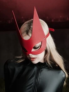MortiRose 1pc Red Devil Horn PU Leather Mask, Halloween Costume Party Prop, Gothic Style Face Accessory, Club Party Fashion Accessory - A - View 5