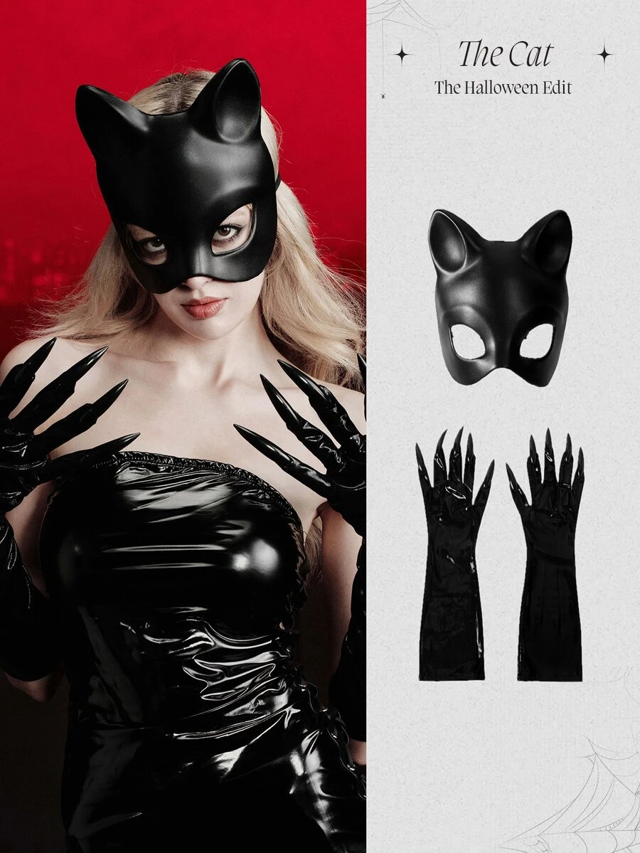 MortiRose 1 Set Black Cat Mask & Gloves, Suitable For Masquerade Ball, Nightclub, Bar, Festival Party - Black - View 1