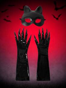 MortiRose 1 Set Black Cat Mask & Gloves, Suitable For Masquerade Ball, Nightclub, Bar, Festival Party - Black - View 3