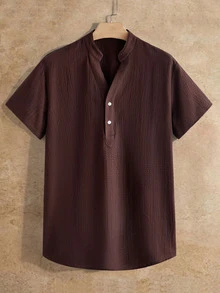 HIMLAND Men's Summer Casual Versatile Solid Color Shirt - Brown - View 2