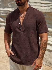 HIMLAND Men's Summer Casual Versatile Solid Color Shirt - Brown - View 7