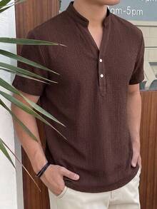 HIMLAND Men's Summer Casual Versatile Solid Color Shirt - Brown - View 1