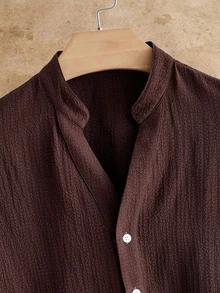 HIMLAND Men's Summer Casual Versatile Solid Color Shirt - Brown - View 4