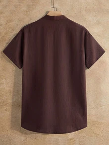 HIMLAND Men's Summer Casual Versatile Solid Color Shirt - Brown - View 3