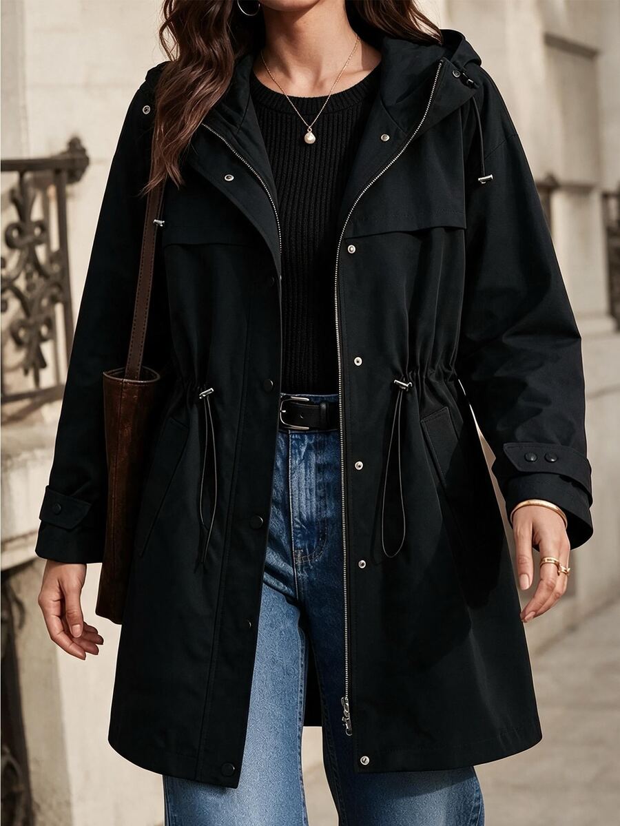 GlowEve CURVE Plus Size Women's Best-Selling Elegant Solid Color Hooded Trench Coat, Slimming Minimalist Cinched Waist Design With Multi-Layer Multi-Functional Pockets, Suitable For Daily Wear, Commuting, Dating And Gatherings - Black - View 1