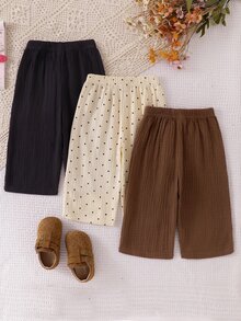 3件組幼女寬腿褲 可愛甜美 黑色米色棕色 波點蝴蝶結腰帶 輕盈度假款 夏季秋季芭蕾風 紋理紗布 - 彩色 - 查看 2