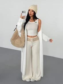 SHEIN ICON 女款白色極簡粗針織開襟大廓型羅紋毛衣，舒適保暖秋冬穿搭，柔軟街頭風長袖針織長版開襟衫 - 米色 - 查看 8