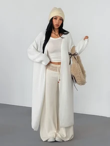 SHEIN ICON 女款白色極簡粗針織開襟大廓型羅紋毛衣，舒適保暖秋冬穿搭，柔軟街頭風長袖針織長版開襟衫 - 米色 - 查看 4