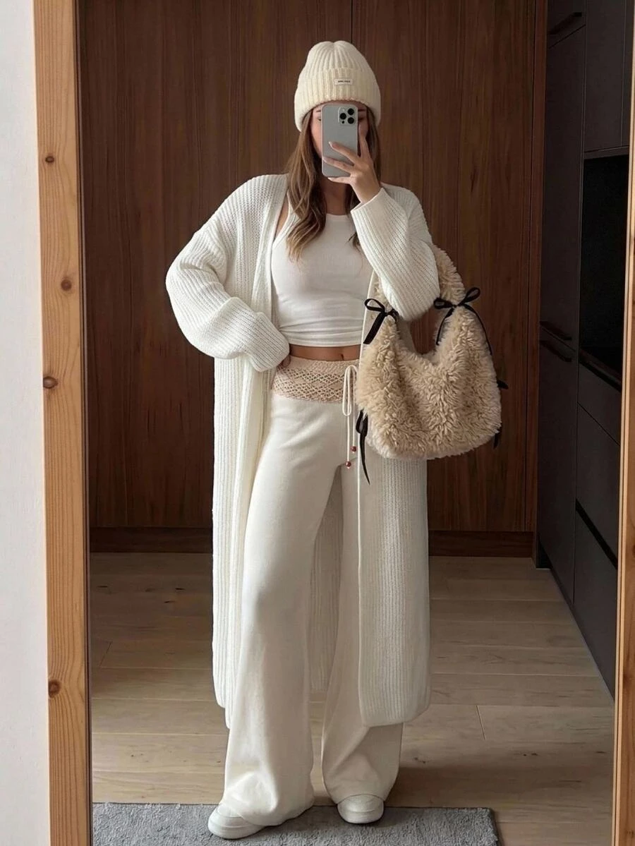 SHEIN ICON 女款白色極簡粗針織開襟大廓型羅紋毛衣，舒適保暖秋冬穿搭，柔軟街頭風長袖針織長版開襟衫 - 米色 - 查看 1